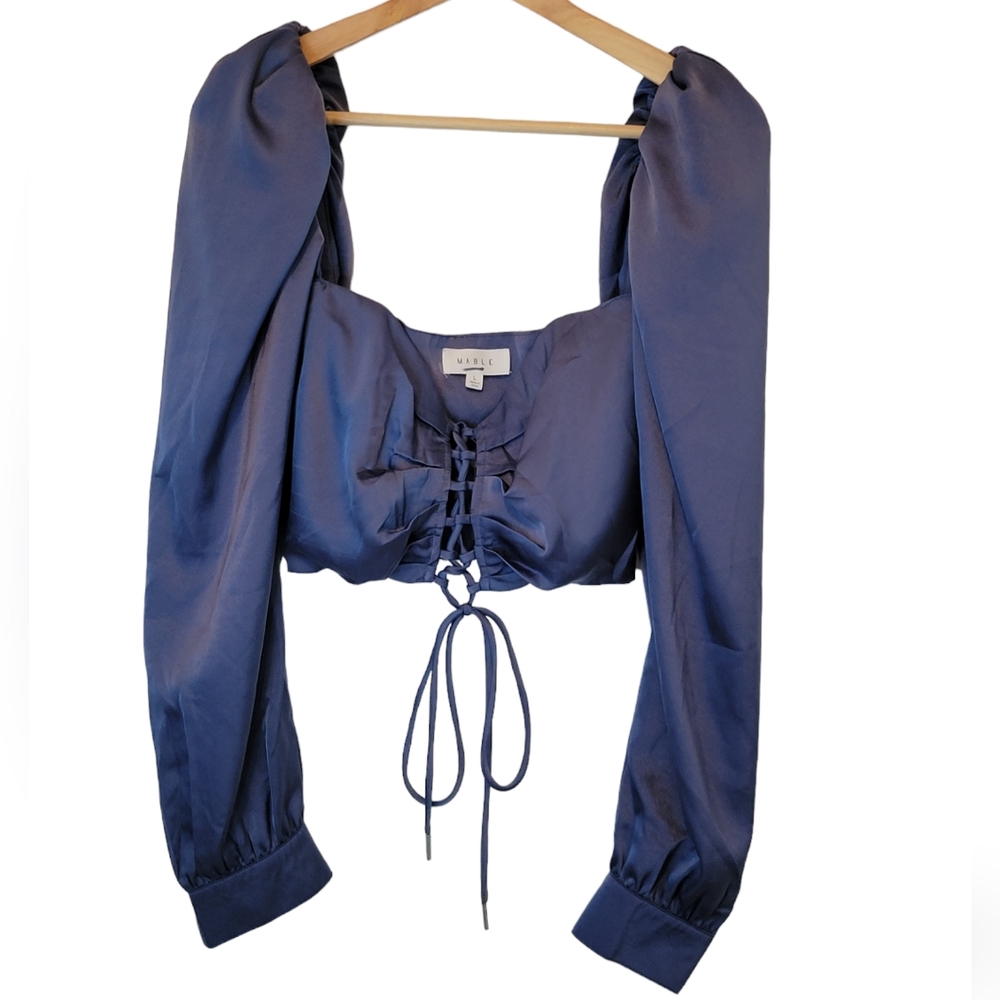 Mable Women's Blue Cropped Balloon Sleeve Blouse Size Large